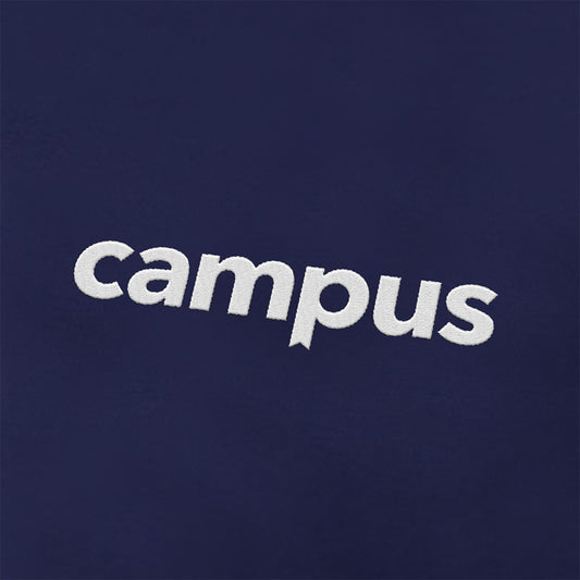 Navy blue fabric with 'campus' embroidered in white