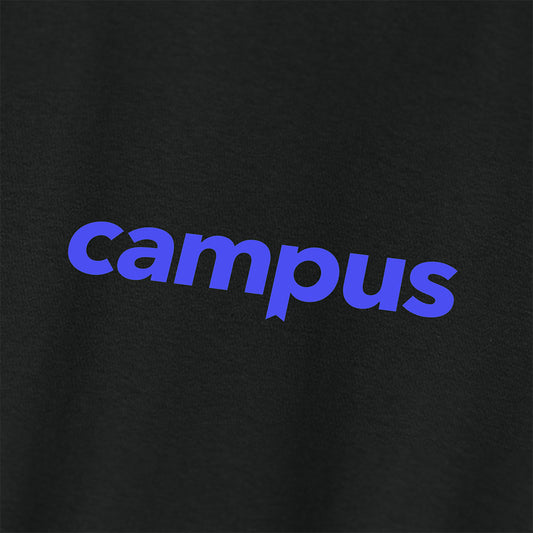 Black t-shirt with blue 'campus' text on a black background