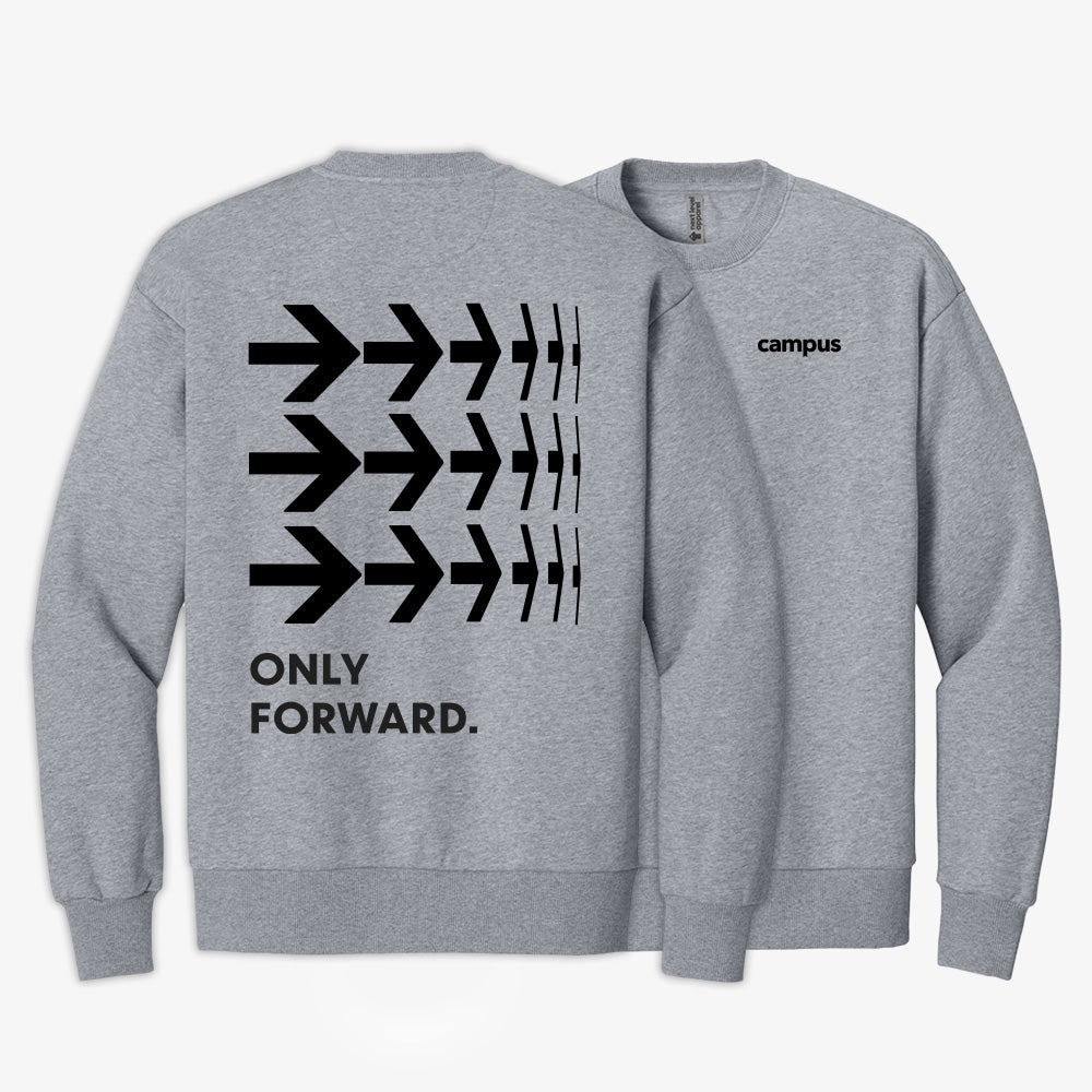 Gray sweatshirt with black text and arrows on a white background