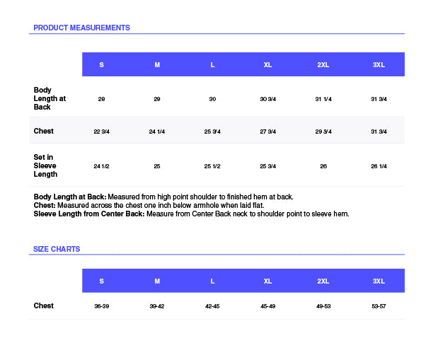 Product measurements chart for shirts with size chart at the bottom.