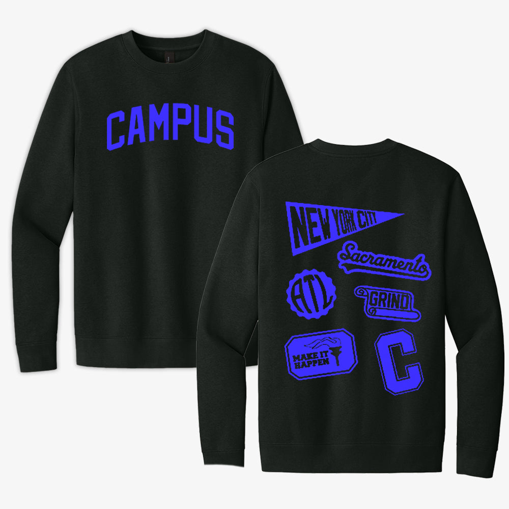 Black sweatshirt with blue text and graphics on a white background
