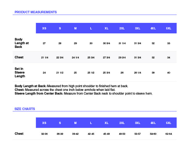 Product measurements chart with size chart for clothing