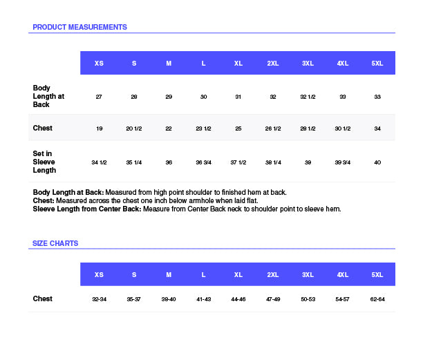Product measurements chart with size chart for clothing