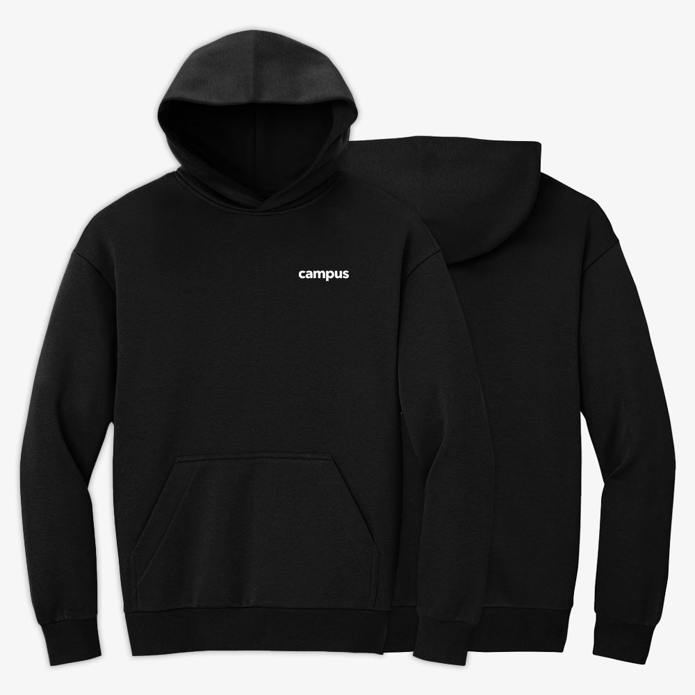 Black hoodie with 'campus' text on front and back on a white background