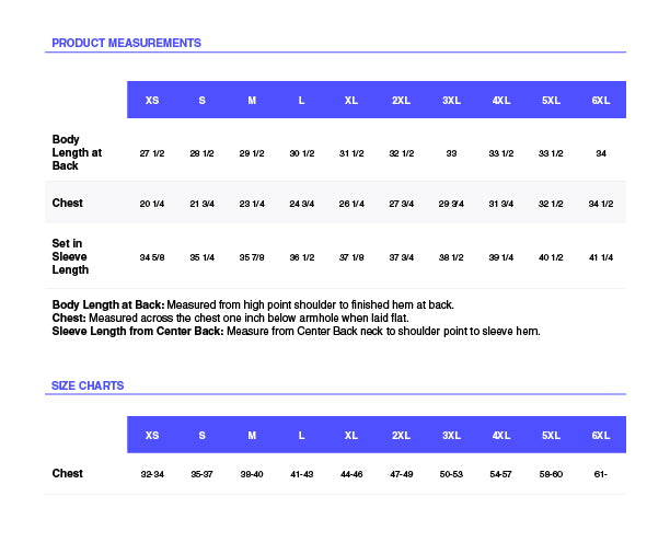 Product measurements chart for clothing sizes XS to 6XL