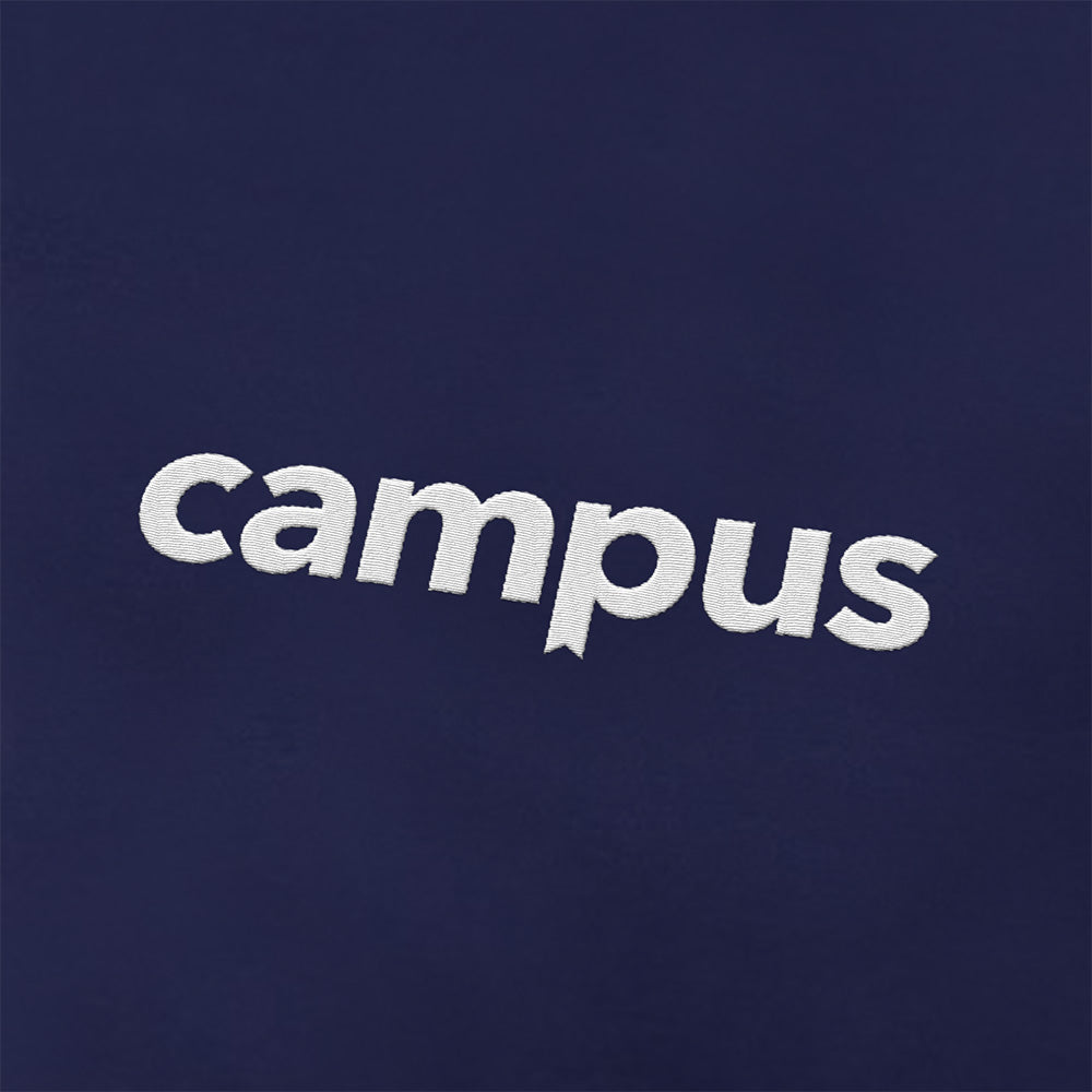 Navy blue fabric with 'campus' embroidered in white