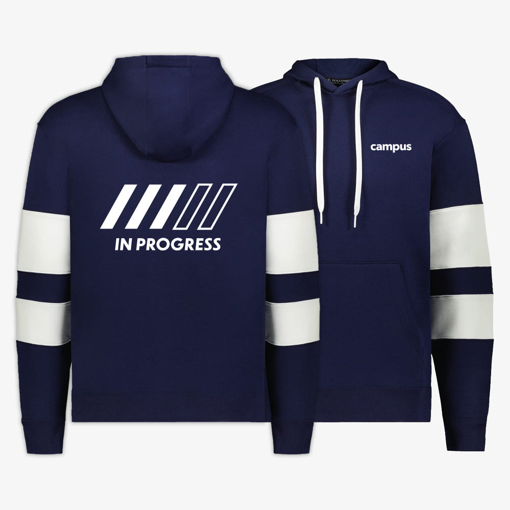 Navy blue hoodie with white accents and text on a white background