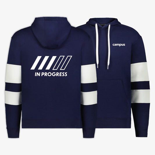 Navy blue hoodie with white accents and text on a white background