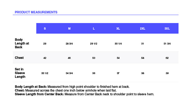 Product measurements chart for shirts with size labels S to 3XL.