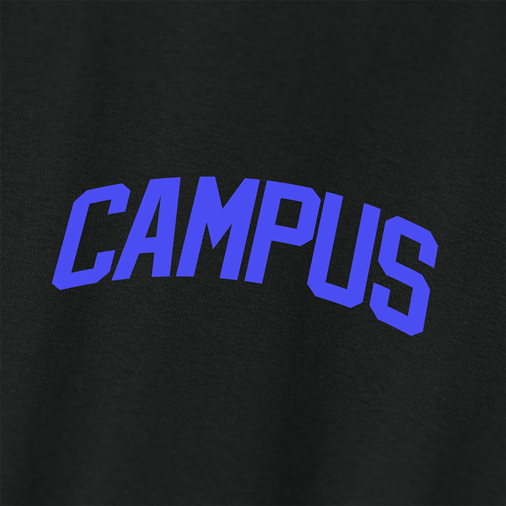 Black t-shirt with blue 'CAMPUS' text on a black background
