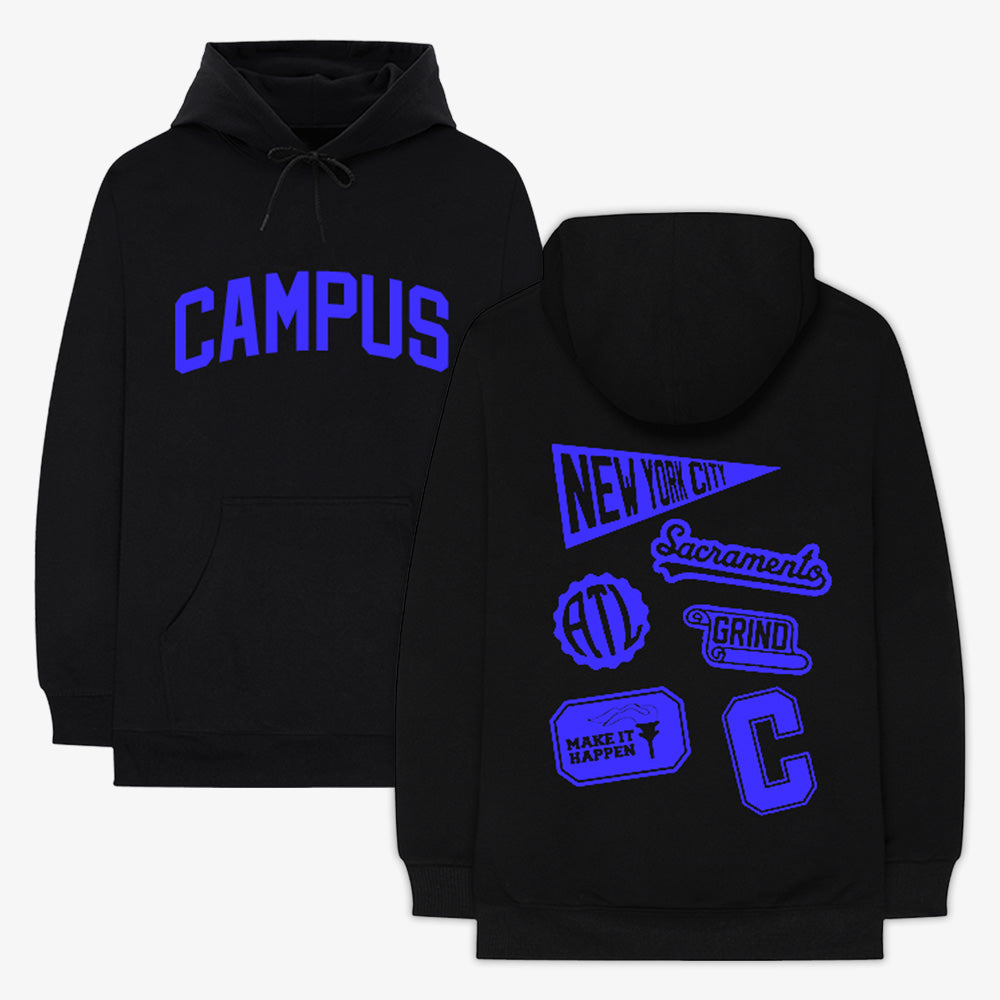 Black hoodie with blue text on a white background