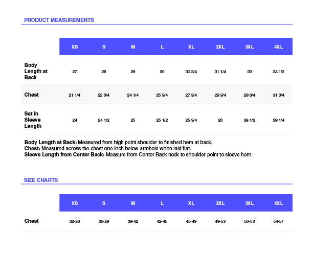 Product measurements chart with size chart for clothing