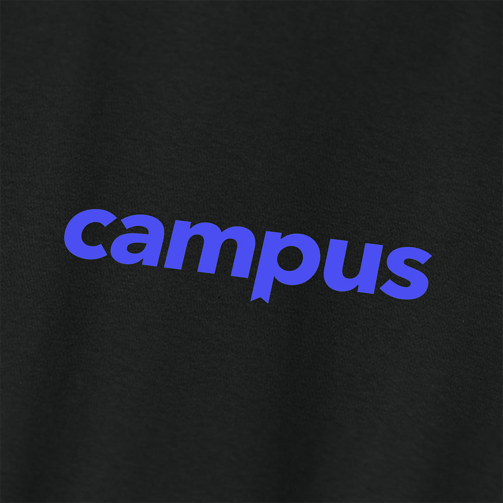 Black t-shirt with blue 'campus' text on a black background