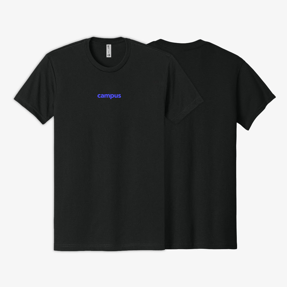 Black t-shirt with 'campus' text on a white background