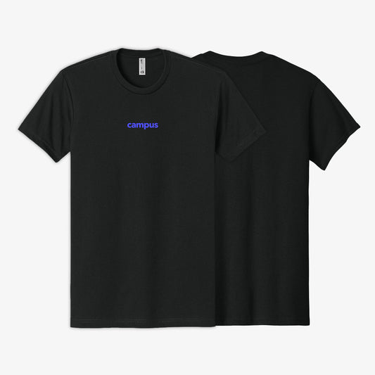 Black t-shirt with 'campus' text on a white background