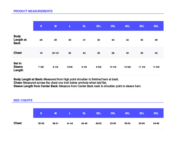 Product measurements chart with size chart for clothing
