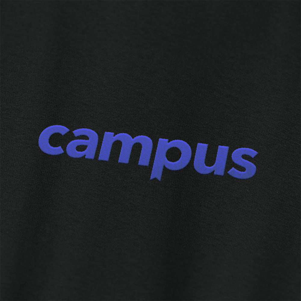 Black t-shirt with 'campus' printed in blue on a black background