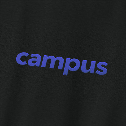 Black t-shirt with 'campus' printed in blue on a black background