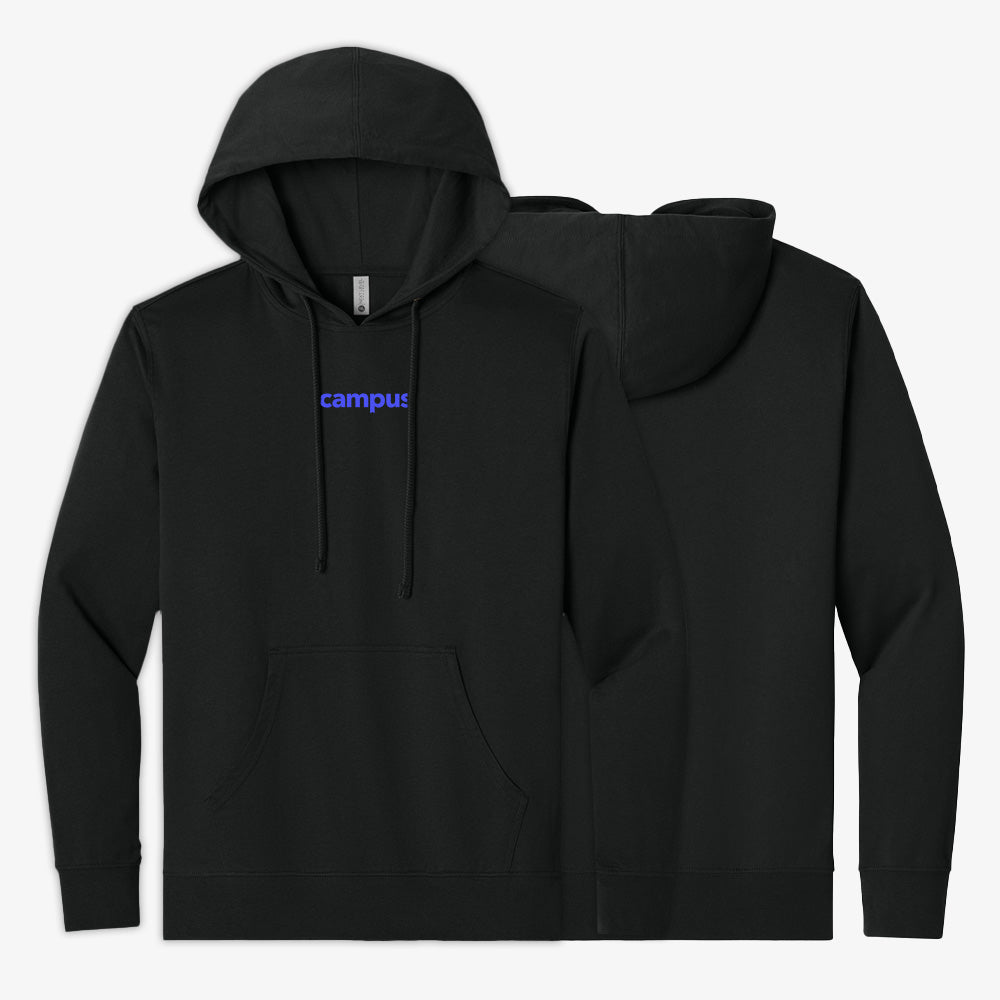Black hoodie with 'campus' text on a white background