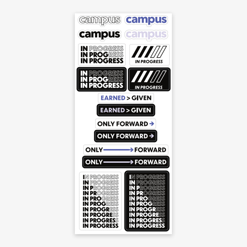 Sheet of 'In Progress' and motivational stickers with 'Campus' branding on a white background.