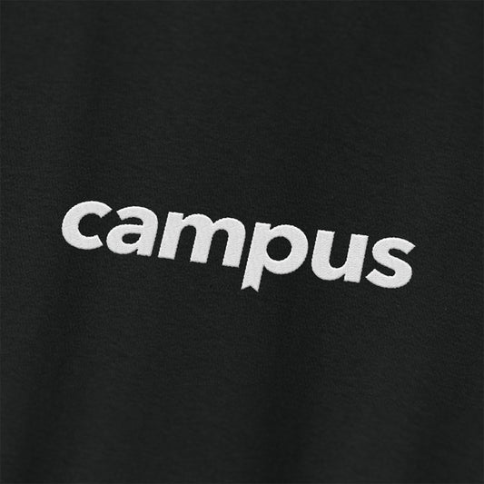 Black t-shirt with 'campus' text in white on a black background