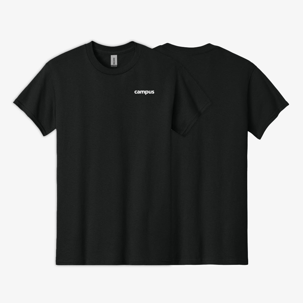 Black t-shirt with 'campus' text on a white background