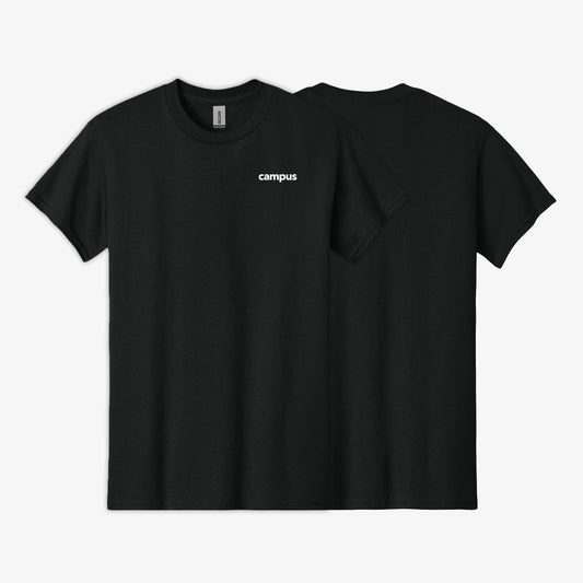 Black t-shirt with 'campus' text on a white background