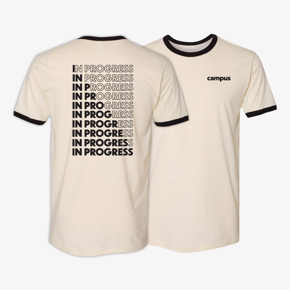 Beige t-shirt with black text and 'campus' branding on a white background