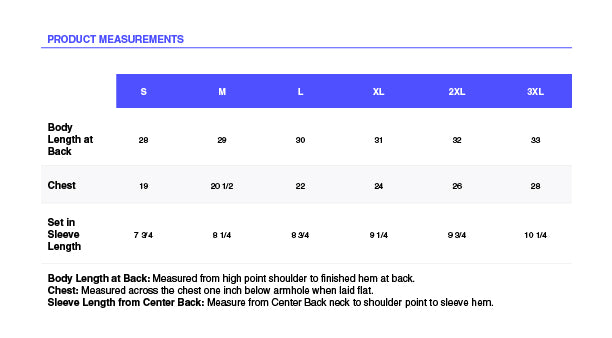 Product measurements chart for shirts with size labels S to 3XL.