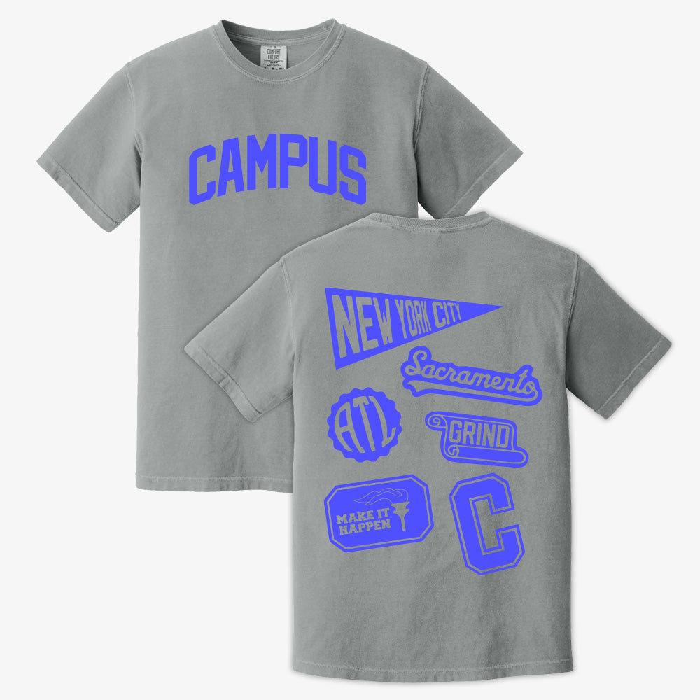 Gray t-shirt with blue text and graphics on a white background