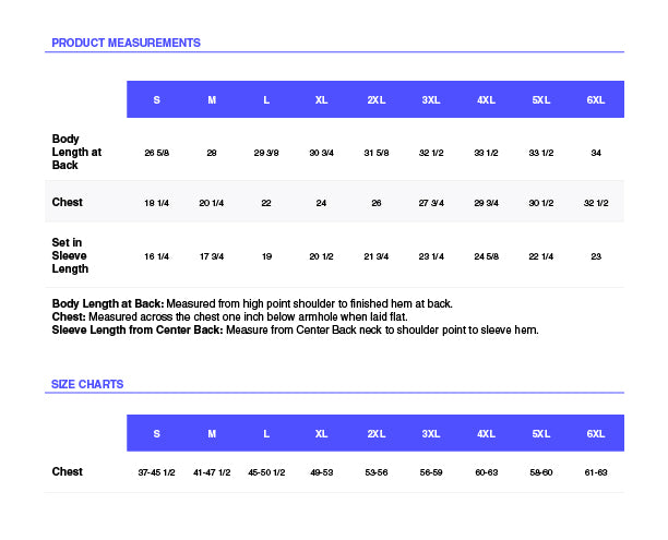 Product measurements chart with size chart for clothing