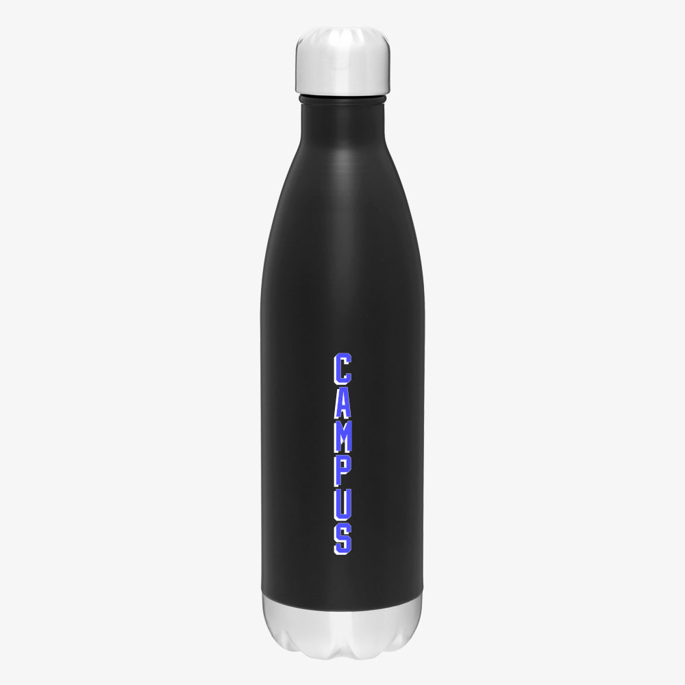 Black water bottle with 'CAMPUS' text on a white background