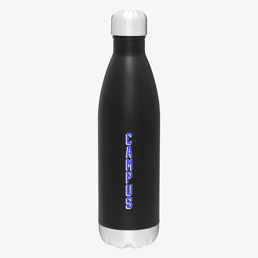 Black water bottle with 'CAMPUS' text on a white background