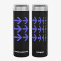 Two black tumblers with purple arrows and 'Only Forward.' text on a white background