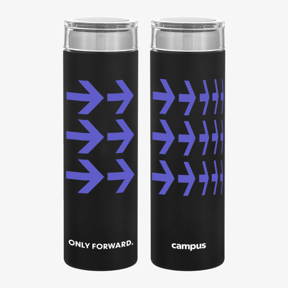 Two black tumblers with purple arrows and 'Only Forward.' text on a white background