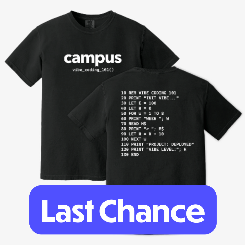 Black t-shirt with 'campus vibe coding 101' text on a white background