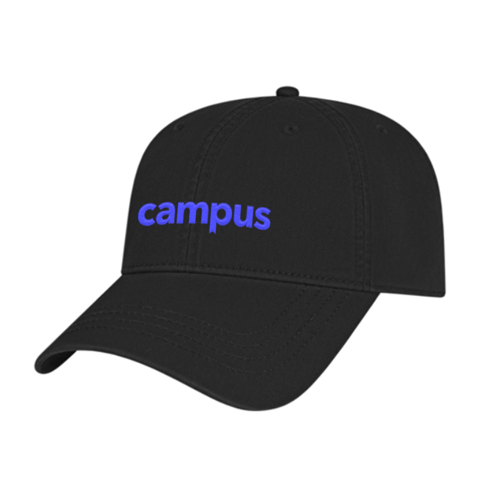 Black cap with 'campus' embroidered in blue on a white background